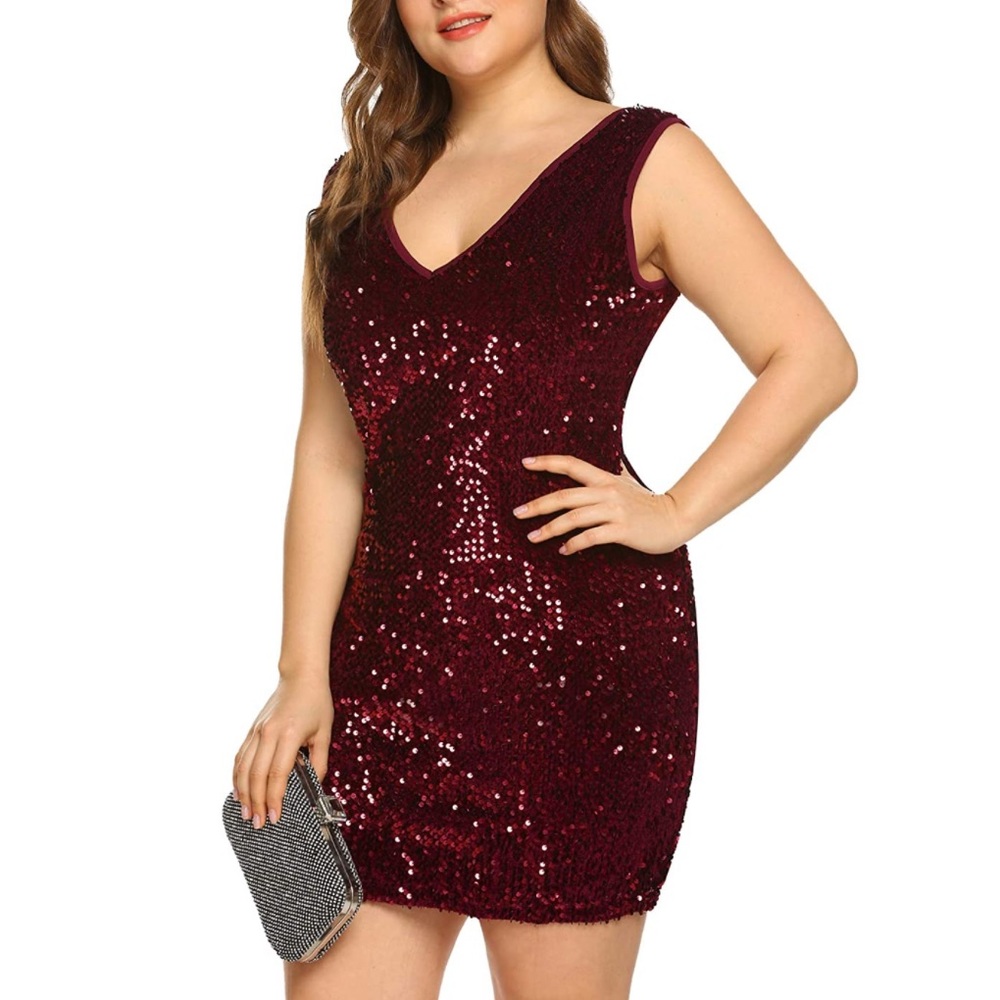 Plus Size Sequin V Neck Cocktail Party Formal Bodycon Dress